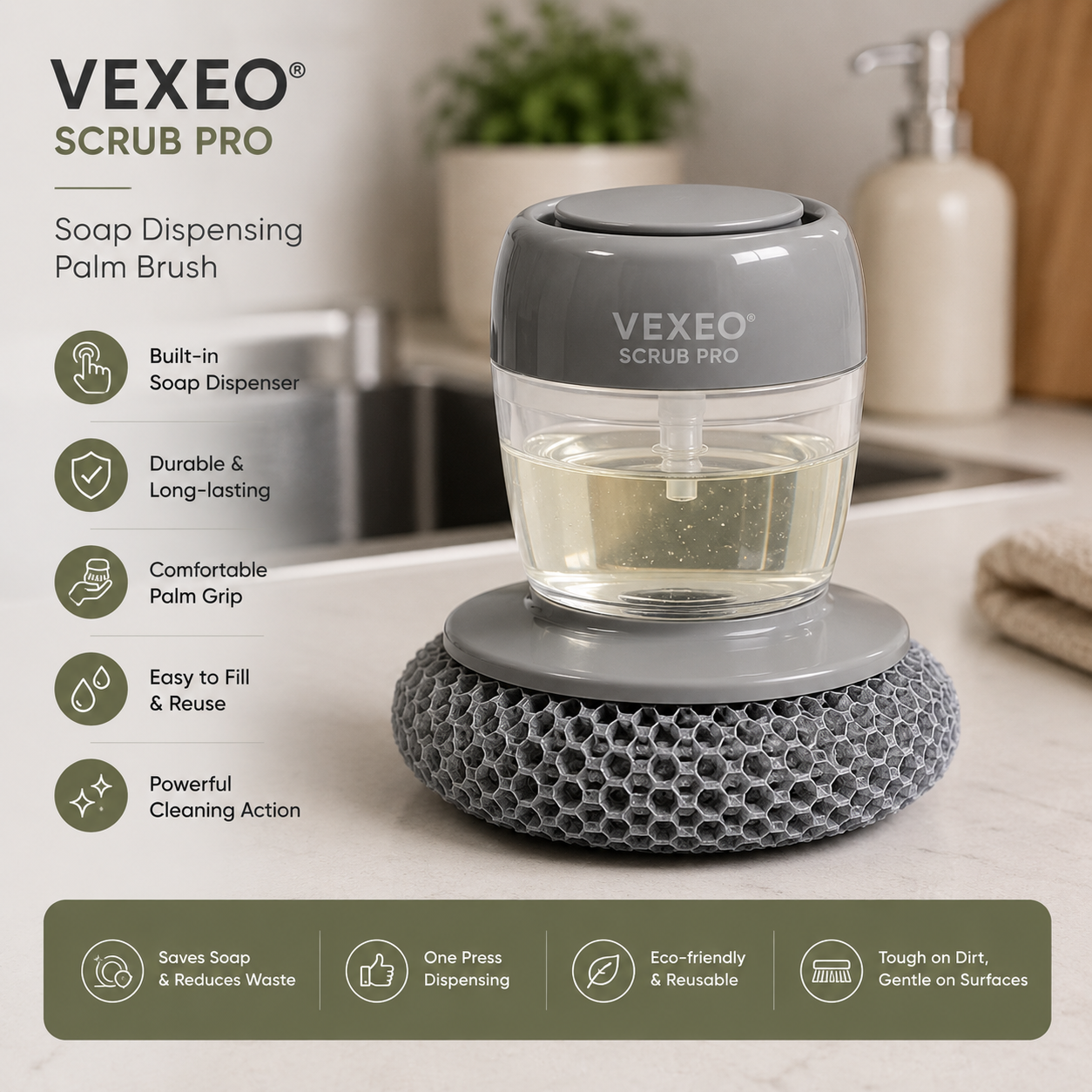 VEXEO® Scrub Pro | Soap Dispensing Palm Brush